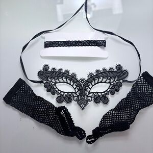 Black Lace Mask and Accessories Set - Mask, Choker, Fishnet Gloves.